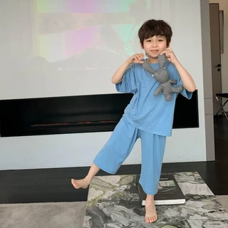 ชุดนอนเด็ก ผ้าสบายสำหรับฤดูร้อน เสื้อผ้าบ้าน สบาย สบาย ชุดสองชิ้นที่เรียบง่ายด้วยสีทึบ
