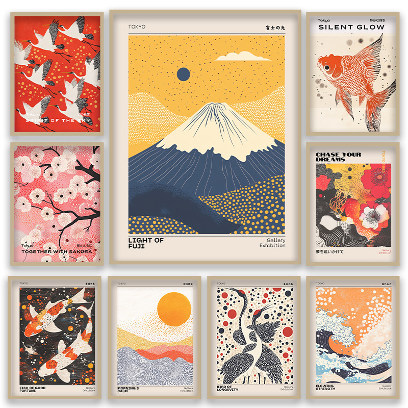 ญี่ปุ่น Ukiyo-e สไตล์ Fuji Mountain Cranes Cherry Blossom องค์ประกอบผ้าใบโปสเตอร์ Livingroom Art Studio Coffe Shop Decor Unframe