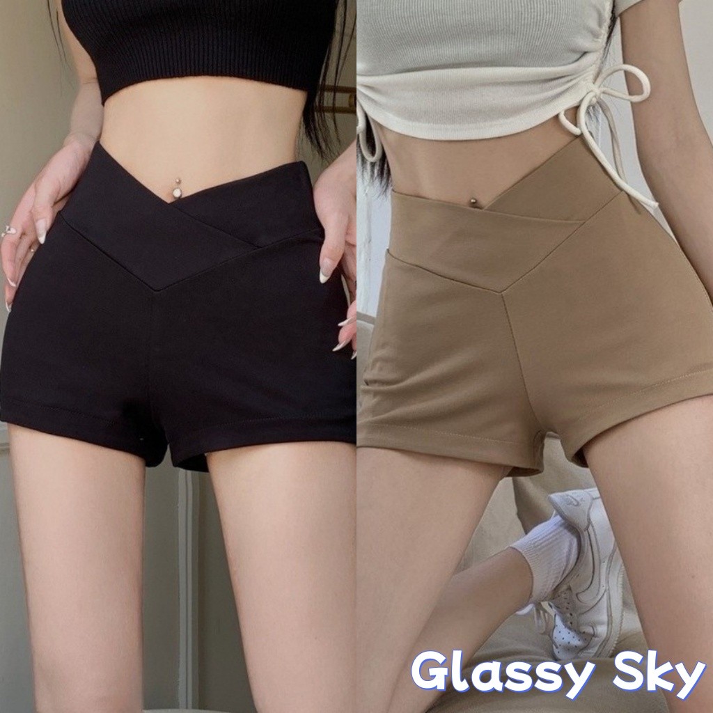 Glassy Sky💖พร้อมส่ง💖กางเกงขาสั้น เอววี สีพื้น น่ารักมาก ทรงรัดรูป ใส่สบายมาก เซ็กซี่(FY2771）