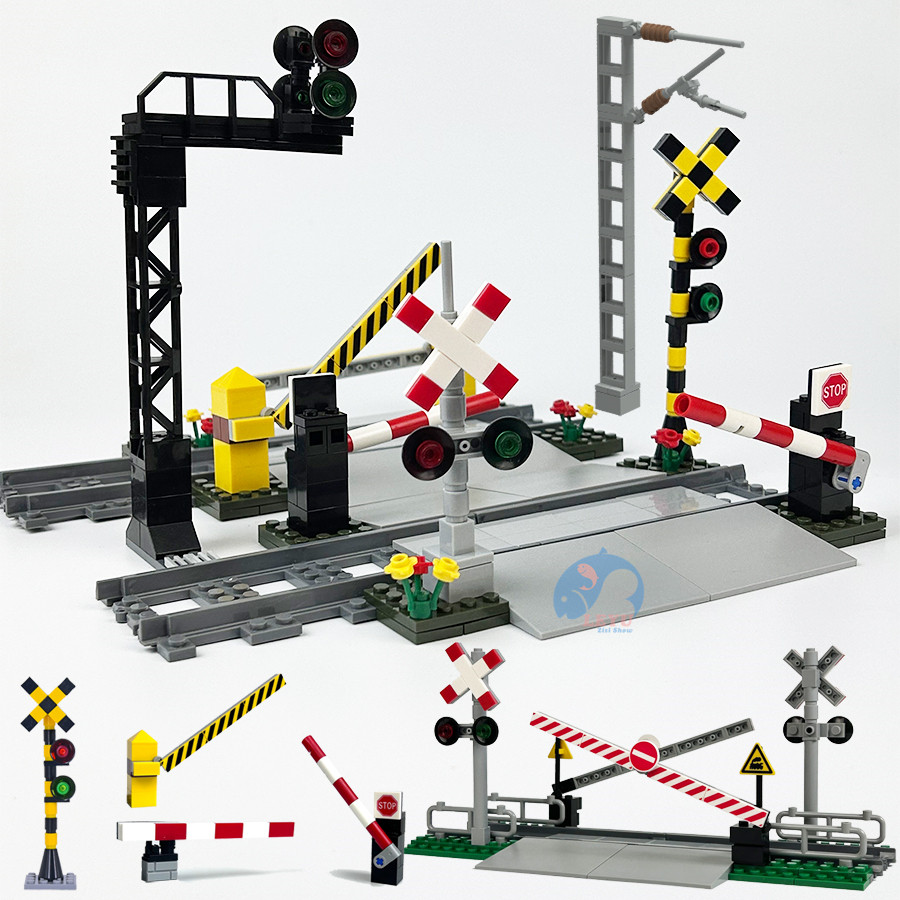Moc City Train Track ทางเดินทางเดินยก Rod Roadblock ไฟจราจรชุดบล็อกตัวต่อ, DIY Creative Building ของเล่นสําหรับเด็ก