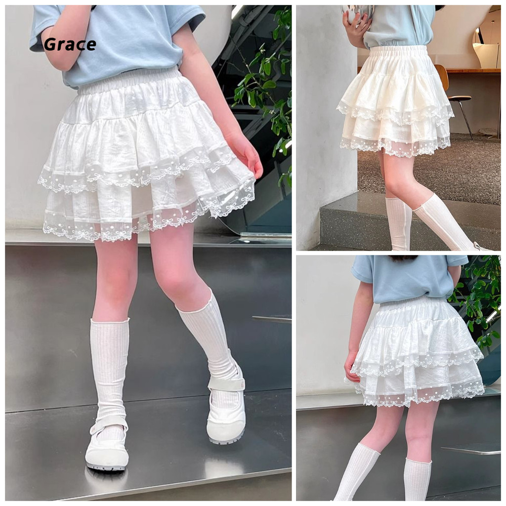 [พระคุณ] (พร้อมสต็อก) สาวลูกไม้กระโปรงสีขาว 2025 ฤดูร้อนสไตล์ใหม่กระโปรงผ้ากอซเค้ก กรัม1534 #
