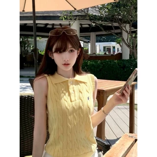 Hot พร้อมส่ง เสื้อกล้ามไหมพรม คอปก สไตล์เกาหลี สีพาสเทลใส่ง่าย W-J074