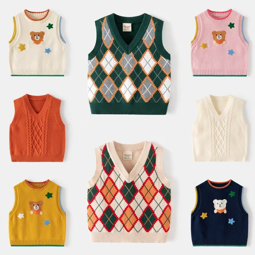 เด็กเสื้อผ้าเด็กเสื้อกันหนาวสไตล์ใหม่ชายคอวีสีทึบ ผ้าแจ็คการ์ด ขนสัตว์เสื้อกั๊กแขนกุดเสื้อกันหนาว