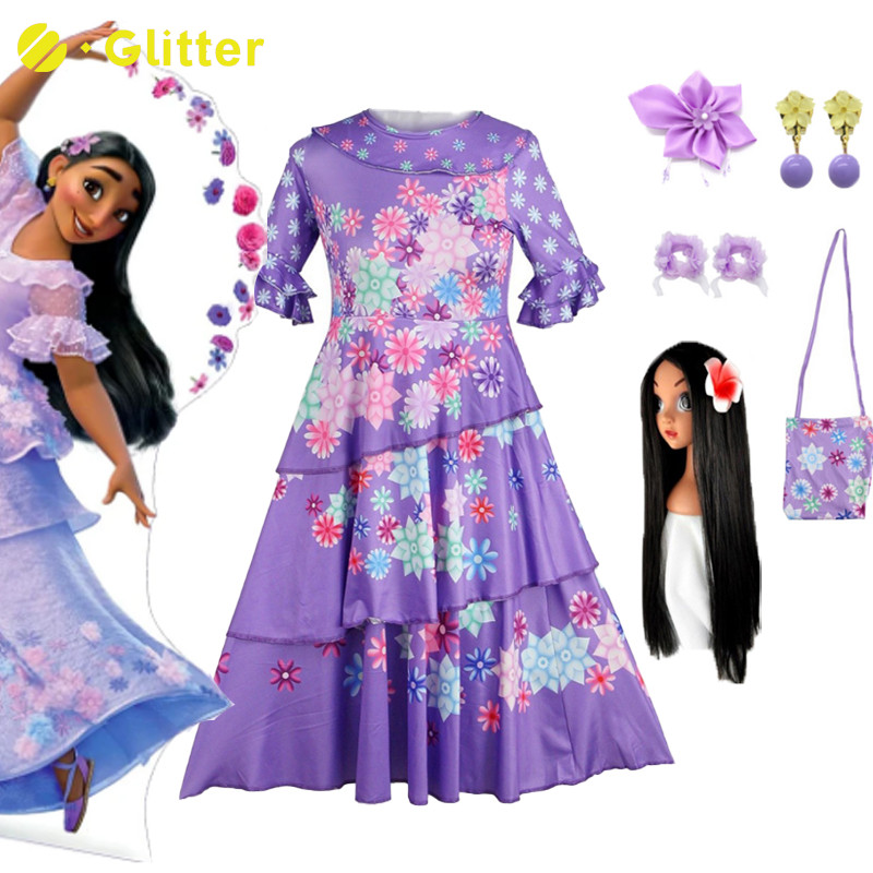 Disney Encanto Isabella Madrigal คอสเพลย์เครื่องแต่งกายสําหรับผู้ใหญ่ผู้หญิงดอกไม้สีม่วงพิมพ์เจ้าหญิ