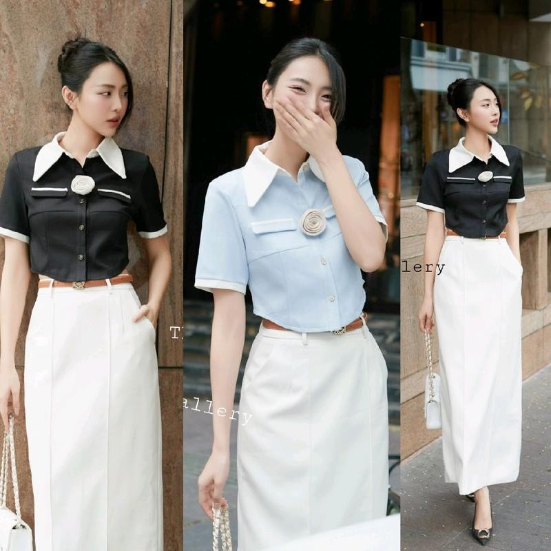 (พร้อมส่ง) The gallery20 21 ชุดเซ็ตเสื้อ+กระโปรง+เข็มขัดคอปกสวยหรู K.