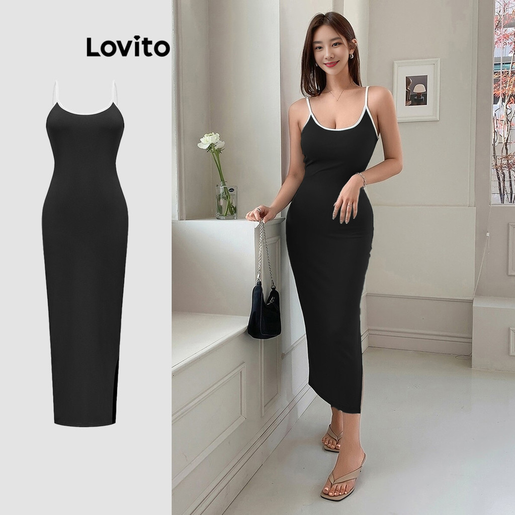 Lovito เดรสผู้หญิง แต่งขอบสี สีพื้น สไตล์ลำลอง L90AD114