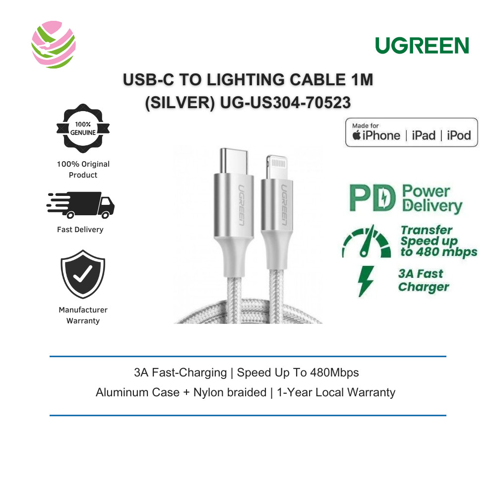 UGREEN USB-C TO LIGHTING CABLE ALUMINIUM SHELL BRAIDED 1M (สีเงิน) UG-US304-70523
