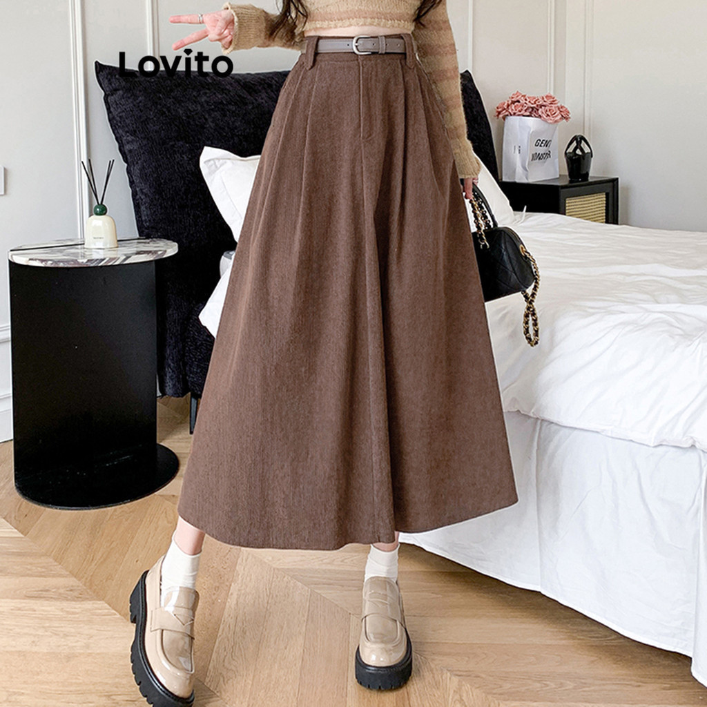 Lovito กระโปรงผู้หญิง สไตล์ลำลอง สีพื้น LNE33239 (น้ำตาล/ดำ)