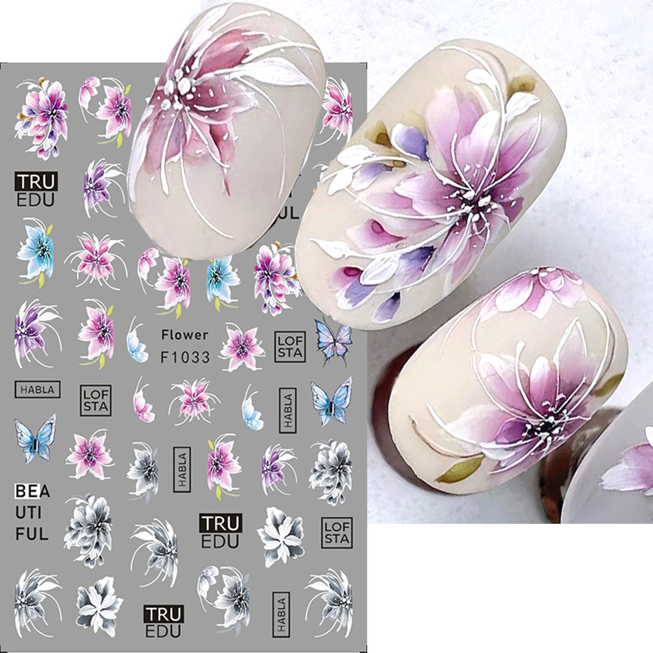 ดอกไม้สีม่วง 3D สติ๊กเกอร์ติดเล็บสีน้ําลูกไม้ดอกไม้สีขาว Holographic Leaf Water Decals สําหรับตกแต่งเล็บ
