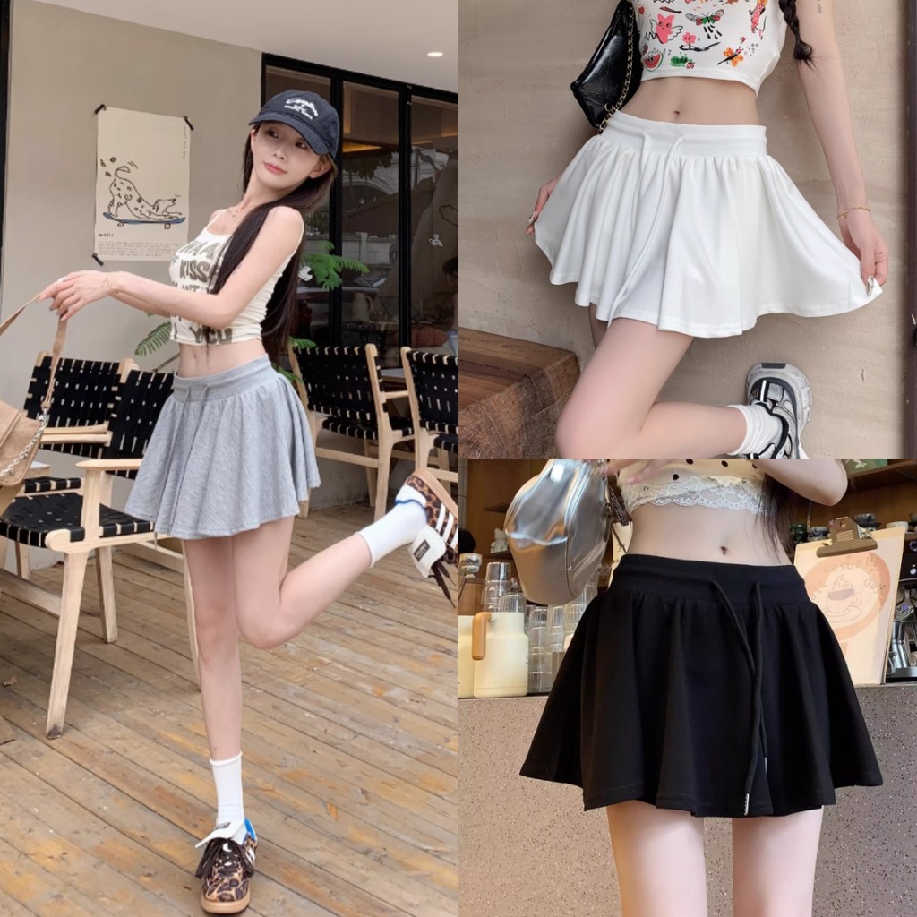 Luna Shop กระโปรงสั้นกีฬาสีเทาสำหรับผู้หญิงฤดูร้อนลดน้ำหนักลำลองเอวสูงกระโปรงทรงเอ