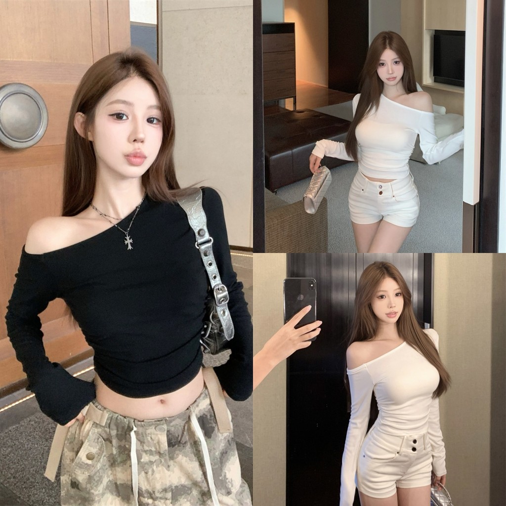 Luna Shop ฤดูใบไม้ร่วงออกแบบเฉพาะไหล่เฉียงสีทึบแขนยาวจุดต่ําสุดเสื้อผู้หญิง