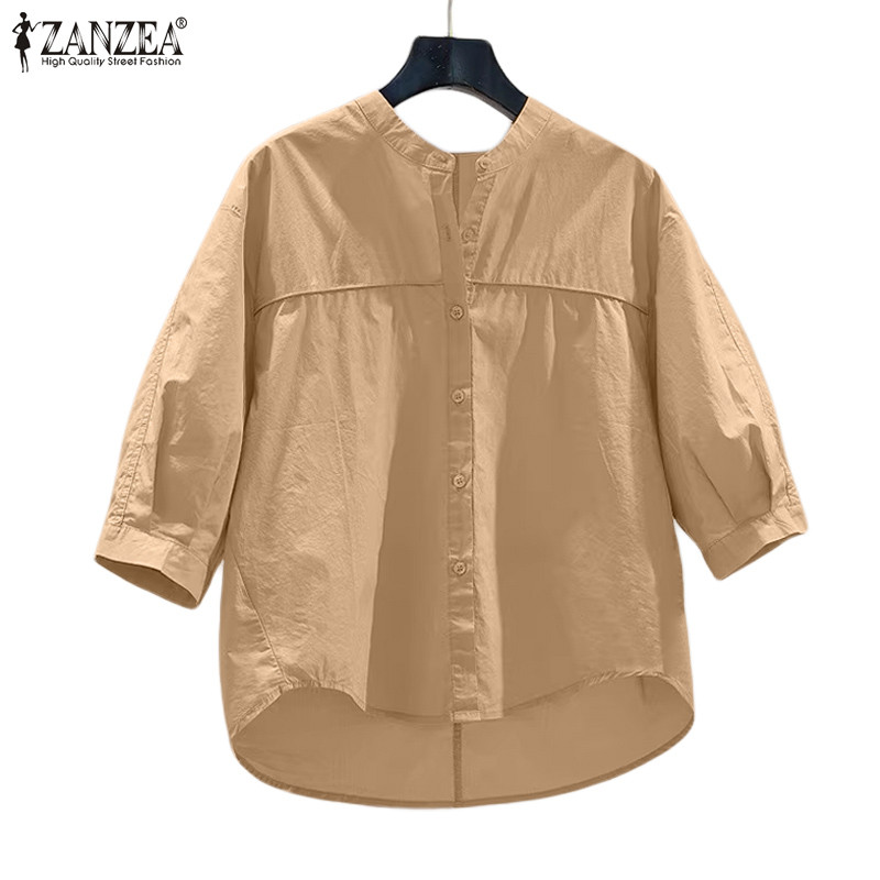 ZANZEA ซานเซีย ผู้หญิงเกาหลีลําลองรอบคอ 3/4 แขนเสื้อหลวมธรรมดา