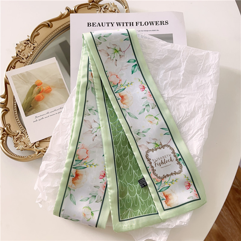 ผ้าพันคอไหมลายดอกไม้สดสีเขียวผ้าพันคอความรู้สึกระดับไฮเอนด์แคบ - รูปที่ 5