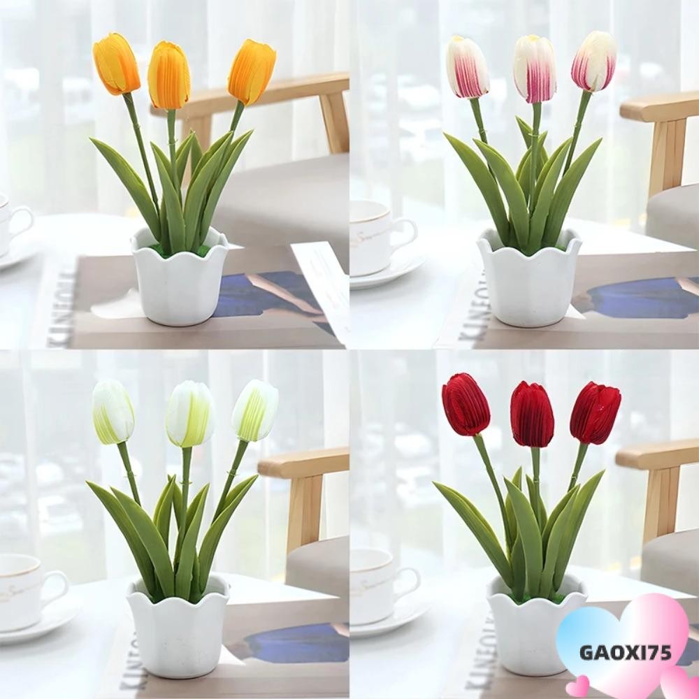 Goxi75 ดอกไม้ทิวลิปเทียม,ทิวลิปจําลองต้นไม้ปลอมกระถางต้นไม้,ตกแต่งเดสก์ท็อปคุณภาพพร้อมหม้อโฮมออฟฟิศตกแต่งดอกทิวลิปดอกไม้บอนไซบ้าน