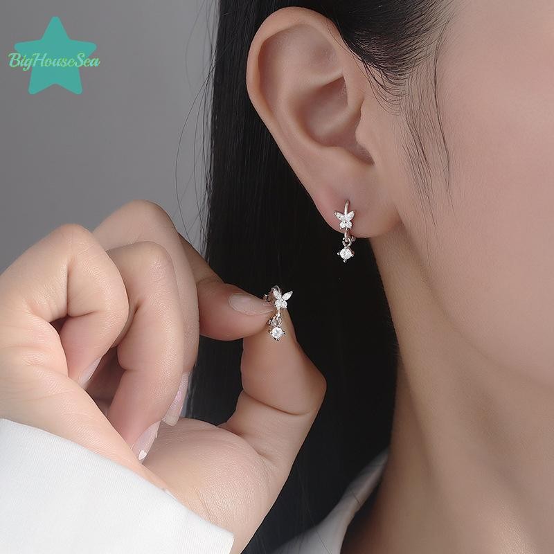 [BigHouseSea] ต่างหูเพทายโบว์ดอกไม้สีเงินผู้หญิงแฟชั่นอุปกรณ์เสริมเครื่องประดับที่สวยงามใหม่