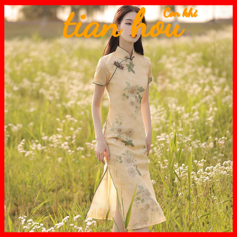 สินค้าใหม่ cheongsam ผู้หญิงจุดใหม่ฤดูร้อนย้อนยุคสไตล์จีนดอกไม้ความยาวปานกลางเบาชุดเดรสสไตล์เพียว