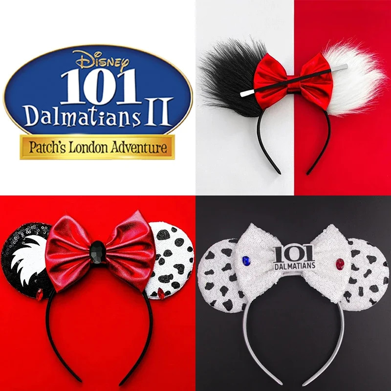 Disney 101 Dalmatians หูแถบคาดศีรษะสําหรับผู้ใหญ่ Cruella de Vil Hairbands ผู้หญิงจุดโบว์อุปกรณ์เสริมผมเด็กผู้หญิงเด็ก Party Headwear