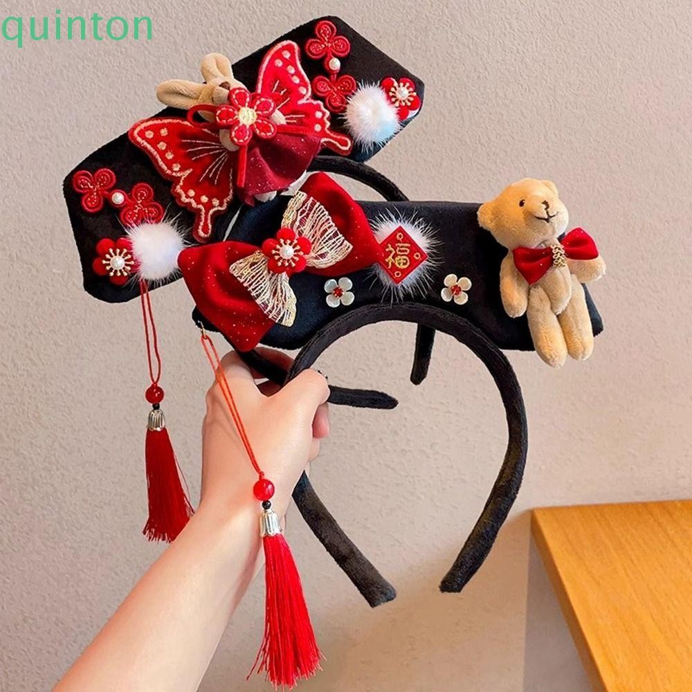 Quinton สไตล์โบราณ Gege ที่คาดผม, พู่งูปีสไตล์จีน Headwear, Retro กํามะหยี่โบว์ Royal Court Headdress เจ้าหญิงผม Hoop Hanfu Headwear ผู้หญิง