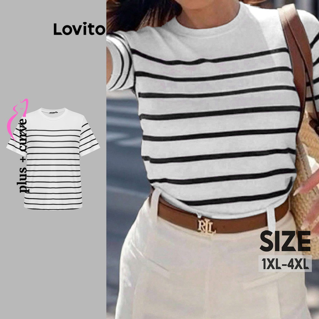 Lovito เสื้อยืดสาวอวบ ลายทาง ลำลอง สำหรับผู้หญิง LBL20219