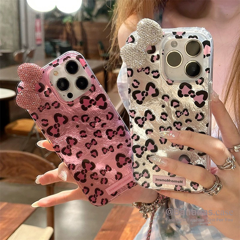 เสือดาวพิมพ์เพชรโบว์เคสโทรศัพท์สําหรับiPhone 17 16 15 14 13 12 11 Pro Max X Xr Xs Max 7 8 Plus SE2020