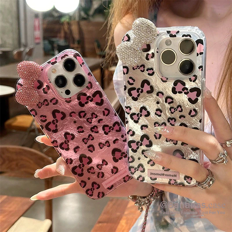 เสือดาวพิมพ์เพชรโบว์เคสโทรศัพท์สําหรับiPhone 17 16 15 14 13 12 11 Pro Max X Xr Xs Max 7 8 Plus SE2020