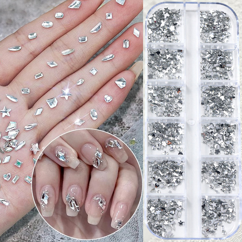 12 กริดขนาดเงาที่มีสีสัน AB Rhinestones ตกแต่งเล็บ DIY Nail Art Charms อุปกรณ์เสริม