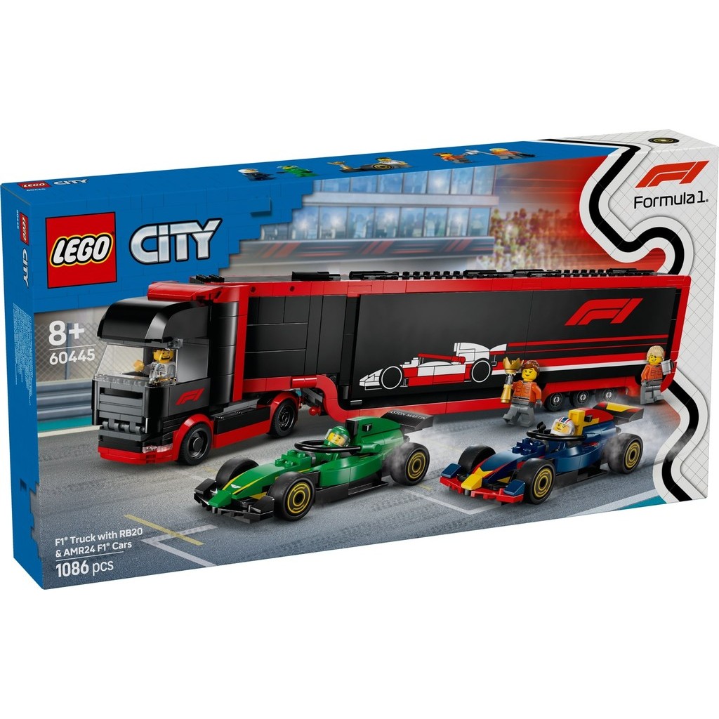 LEGO 60445 City Formula F1 รถบรรทุกพร้อมชุดของเล่นสร้างรถยนต์ RB20 & AMR24 F1 (1086 ชิ้น)