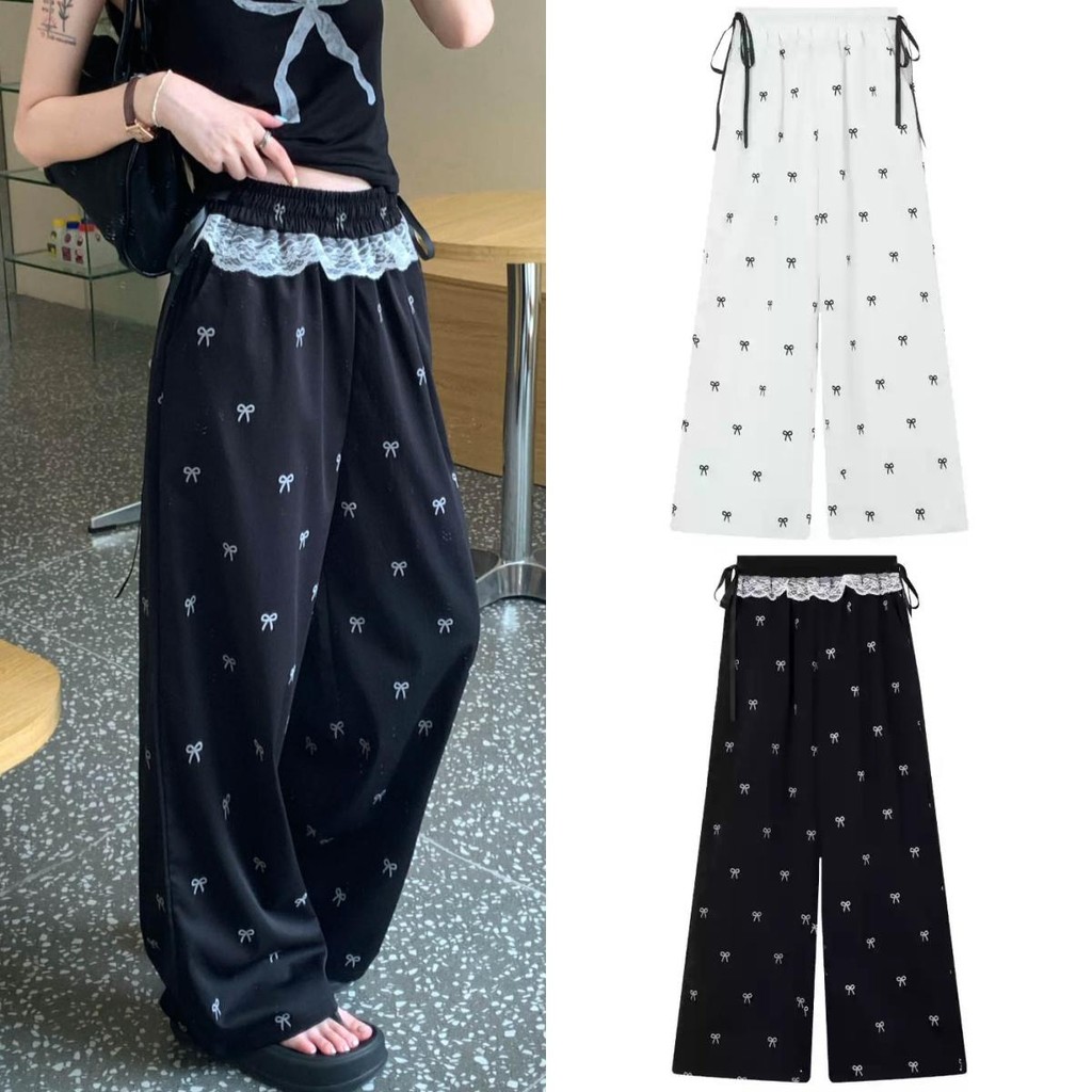 B58 พร้อมส่ง กางเกงผ้าไม่ยืด งานพิมพ์ลายโบว์เล็กๆ ขอบกางเกงแต่งลูกไม้ มีเชือกผูกข้างเอว ผ้าเบาพริ้ว ใส่สบาย