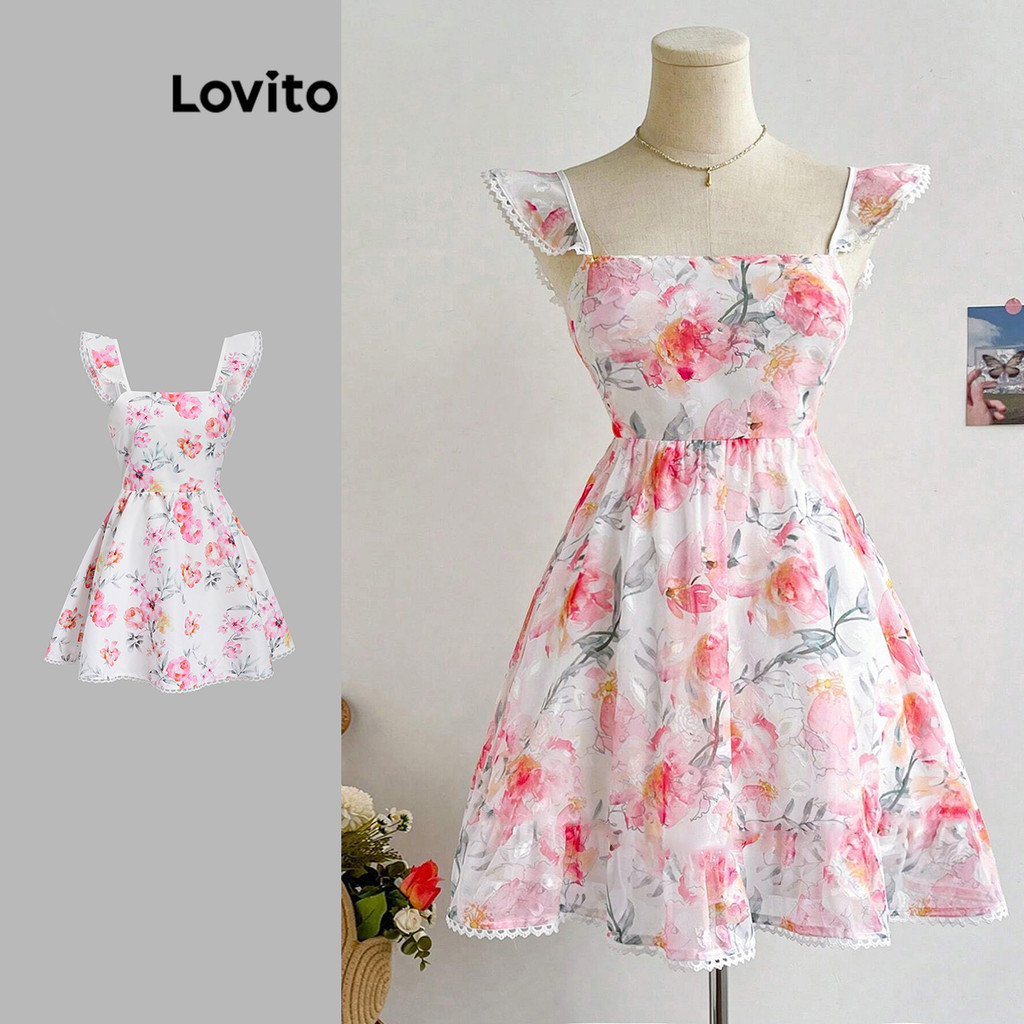 Lovito ชุดเดรสผูกหลังลายดอกไม้สไตล์โบฮีเมียนสำหรับผู้หญิง L112ED203