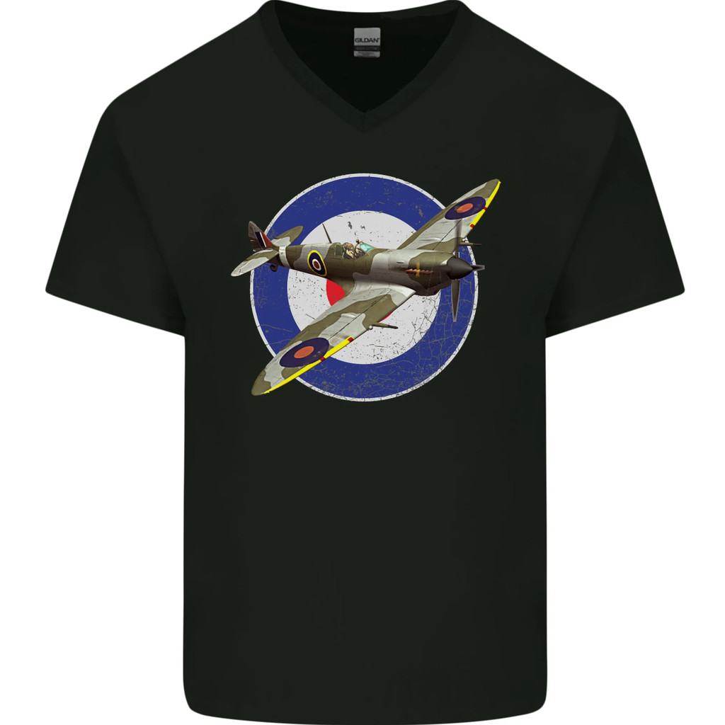 Spitfire Mod Raf Wwi Er Plane Mens V คอผ้าฝ้ายเสื้อยืด