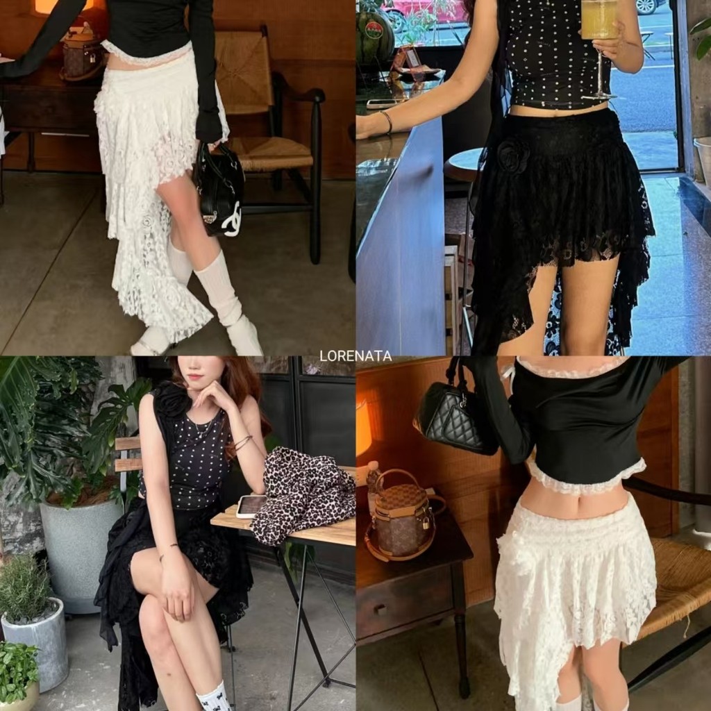 (จัดส่งด่วนจากกทม.) LORENATA กระโปรงเอวสูงชายลูกไม้ ตัดเย็บไม่สมมาตร สไตล์เกาหลีสุดชิค-RR109