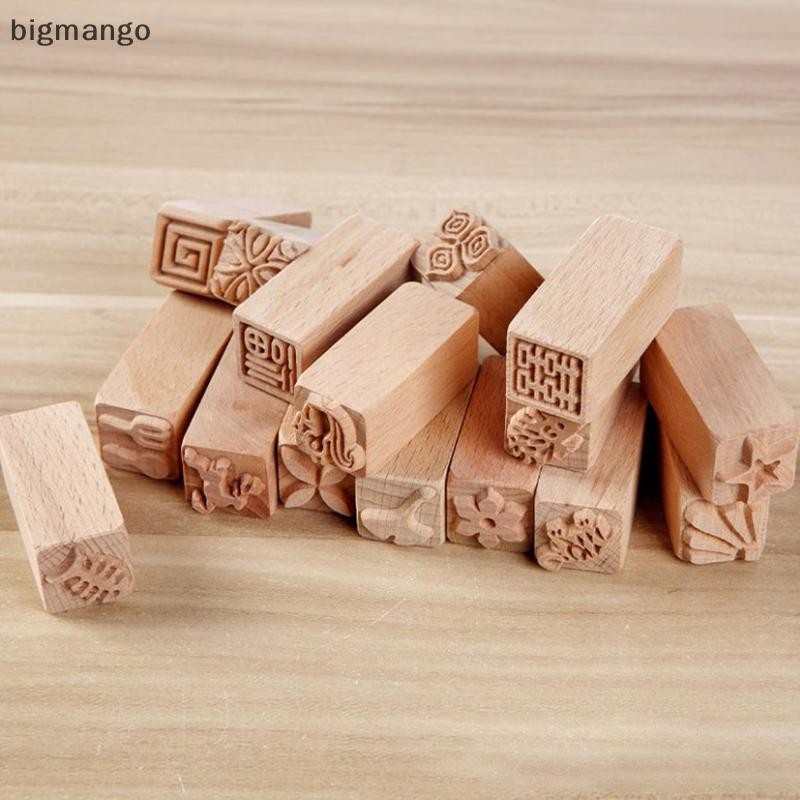 [bigmango] ตราประทับไม้แกะสลักด้วยมือ การพิมพ์ตราประทับไม้ DIY บล็อกการพิมพ์เครื่องปั้นดินเผาดินหุ้น