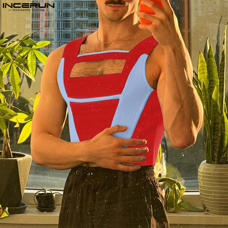 ไม่แน่นอน ผู้ชายวินเทจแฟชั่นกลวงเย็บปะติดปะต่อกันเสื้อกล้ามแขนกุด