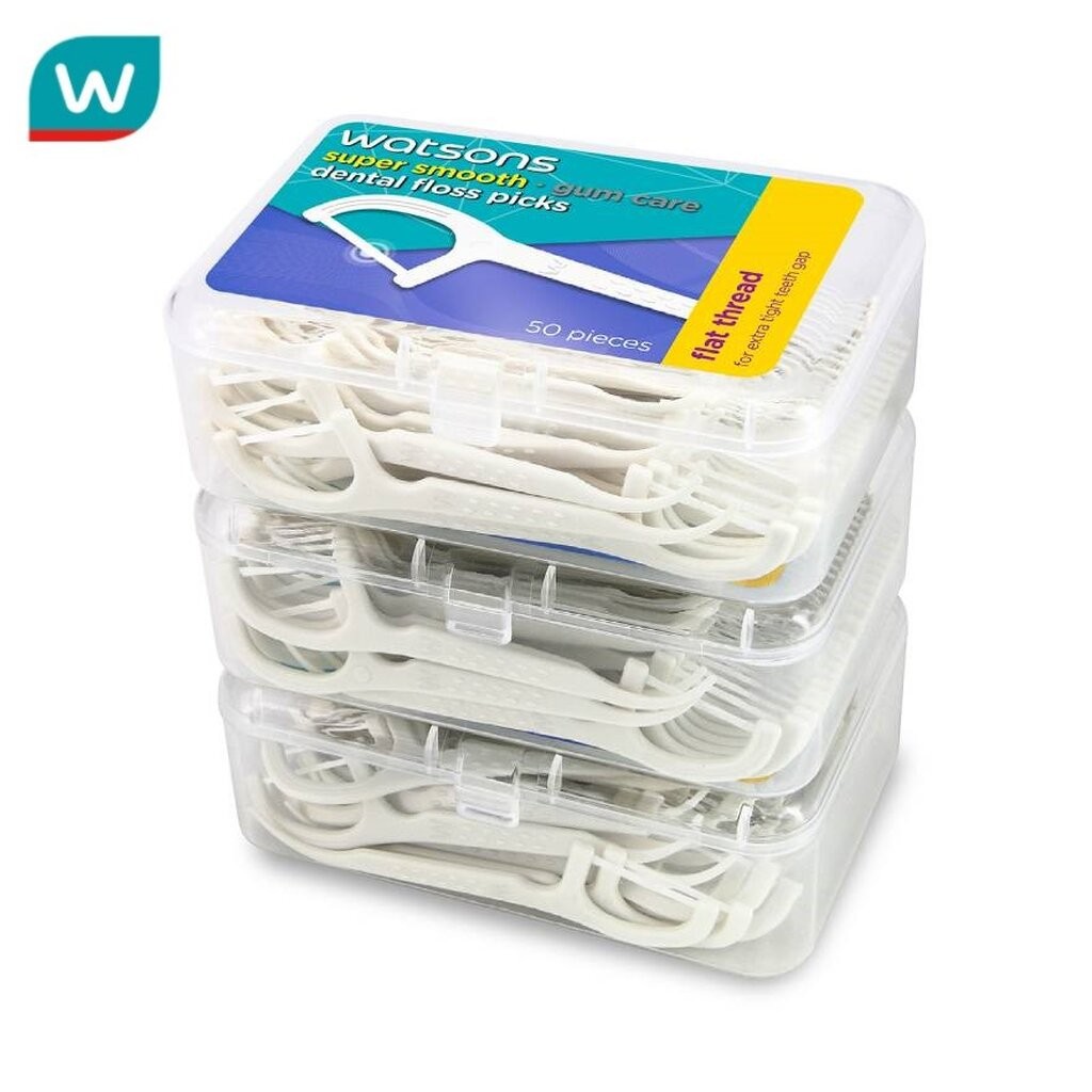 Watsons วัตสัน ซุปเปอร์ สมูธ ไหมขัดฟันเส้นแบน ชนิดด้าม 50 ด้าม แพ็ค 3 กล่อง