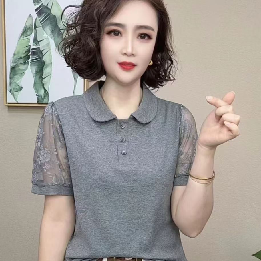 ฤดูร้อนผู้หญิงแฟชั่นใหม่ลําลองลูกไม้ลูกไม้แขนพลิกปกแขนสั้นเสื้อยืดด้านบน