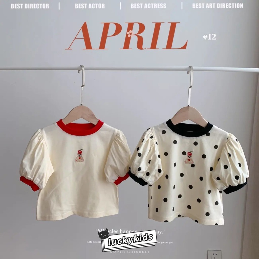 เกาหลีเด็กทารกผ้าฝ้ายแขนสั้นเสื้อยืดฤดูร้อนเด็กสาวการ์ตูนพิมพ์พัฟแขนเสื้อยืด