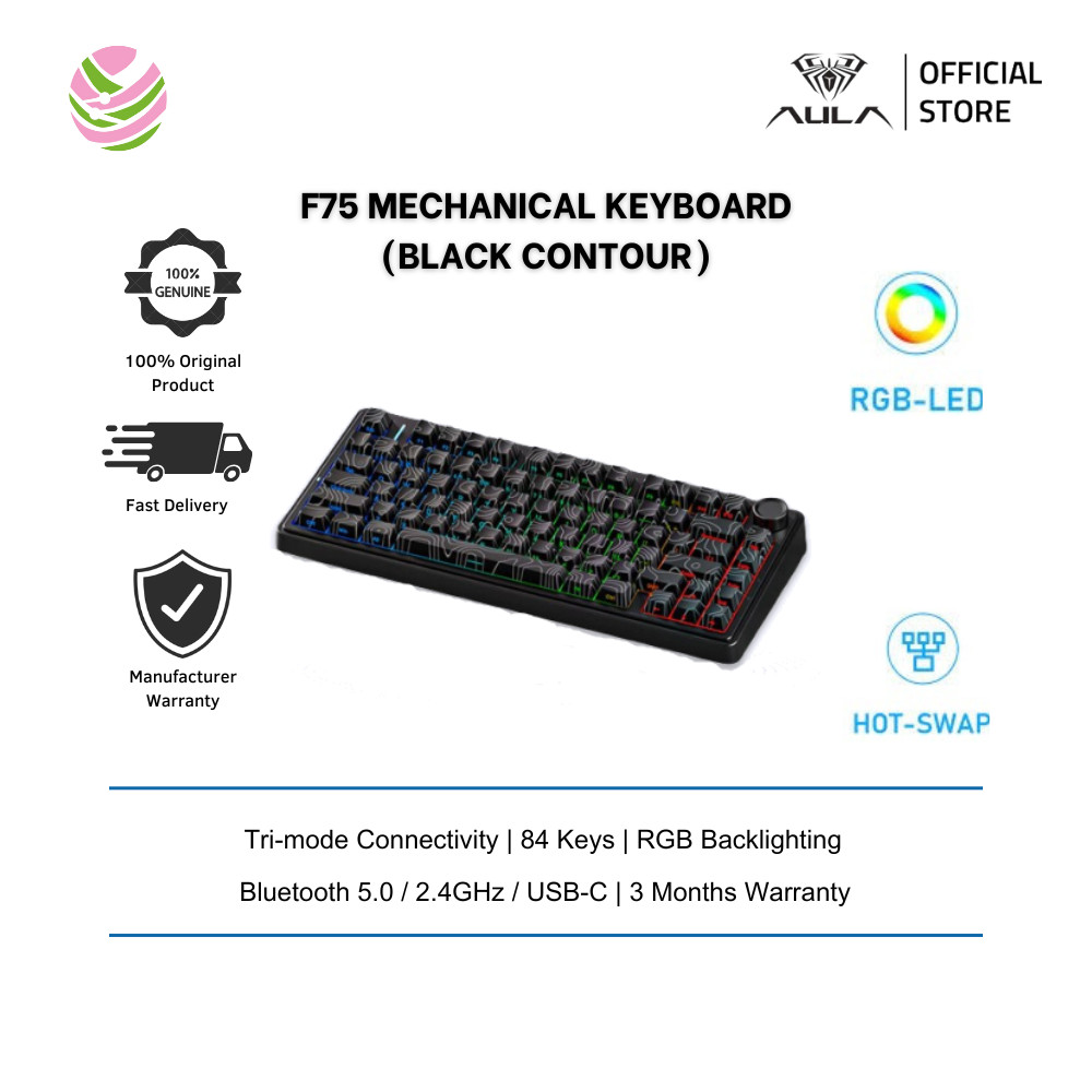 AULA F75 คีย์บอร์ดแบบกลไก | 3 โหมด, Hotswap, RGB | F75 BLACK CONTOUR (สวิตช์เวกเตอร์สตาร์)