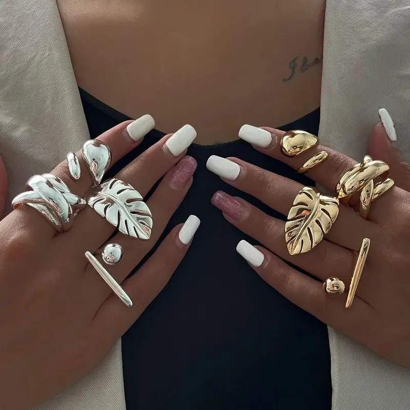 Uworld Leaf Rust Proof Stainless Steel Big Personal Ring Stylish Creative Metal Charm Statement Wate