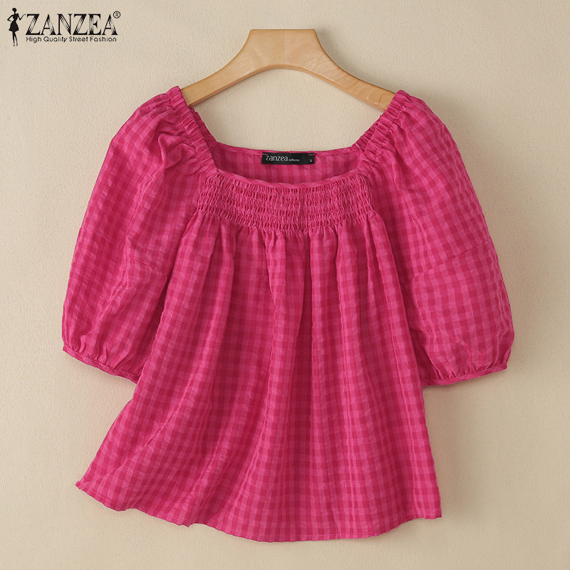 ZANZEA ใส่ ซานเซีย ผู้หญิงแฟชั่นเกาหลีพรรคแขนสั้นสแควร์คอเสื้อลายสก๊อต