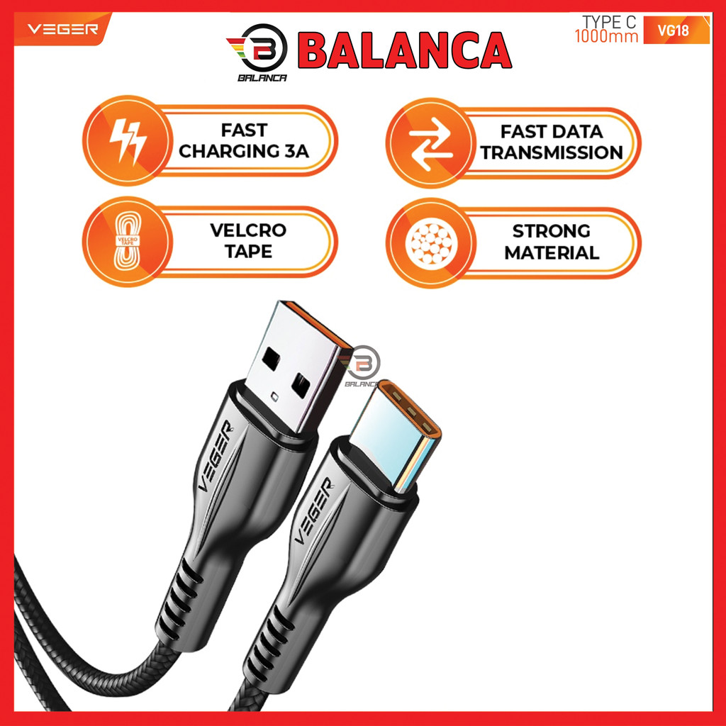 BALANCA VEGER VG 18 Type C ชาร์จเร็ว 3.0A สายเคเบิลข้อมูลทนทานและมีเสถียรภาพสายชาร์จ HP