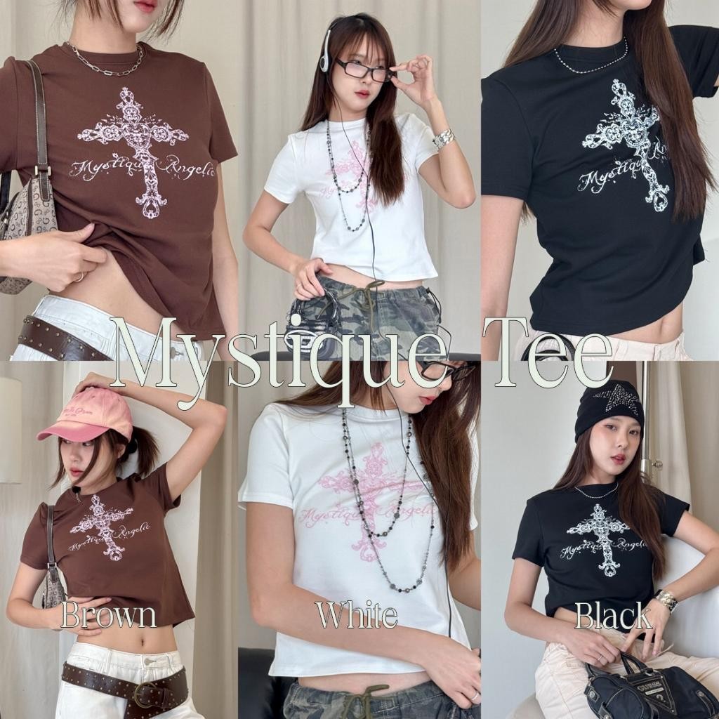 (จัดส่งตลอด 24 ชั่วโมง)เสื้อยืด CROP TOP Baby Teeเสื้อยืดครอป “Mystique Angels” ลายกางเขน สไตล์วินเทจ เกาหลี Y2K สุดเท่