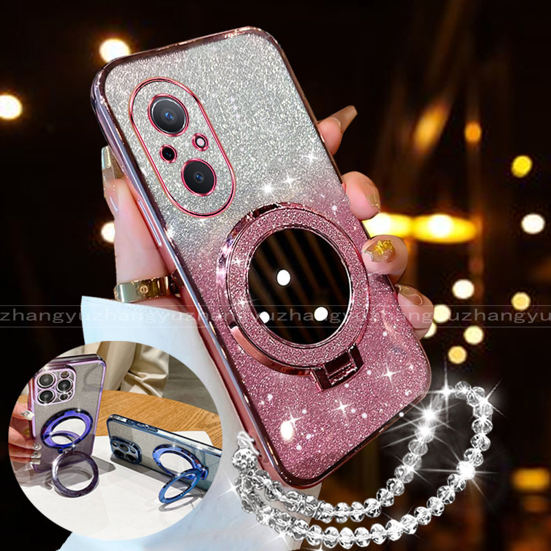 สําหรับRealme C65 C67 4G C75 Sparkling Powderหรูหราสร้อยข้อมือลูกปัดขนาดเล็กกระจกแต่งหน้าเคสโทรศัพท์SJNSDDJ