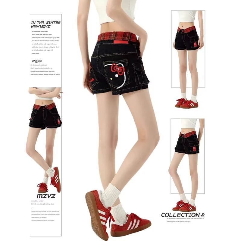 Baolongxin Cat ปักลายสก๊อตสีแดงเย็บกางเกงขาสั้นฤดูร้อนต่ําเอว Hemmed รูป Flattering Sheath ผ้ายีนส์กางเกงร้อน