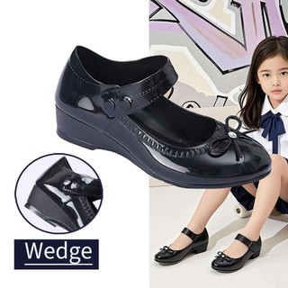 Bowknot 3cm wedge heel shiny black shoes for girls Fashionable children's school shoes#325