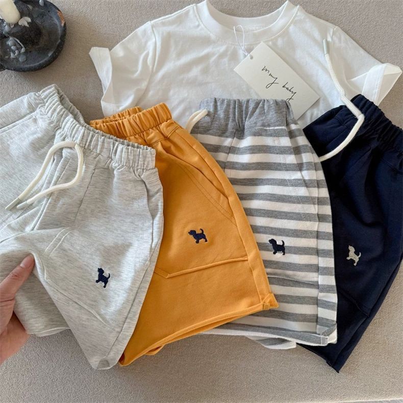 เด็กชายฤดูร้อนสไตล์ใหม่เวอร์ชั่นเกาหลีผ้าฝ้ายแท้แฟชั่นเรียบง่ายการ์ตูนลูกสุนัขเย็บปักถักร้อยหล่อหลวมระบายอากาศสบายๆทั้งหมด-แม่