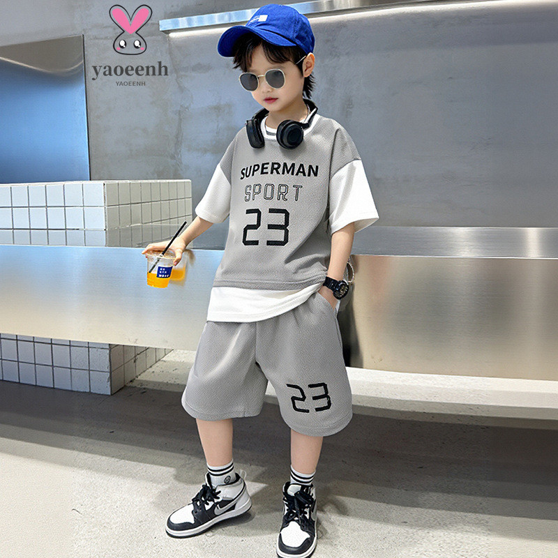 【YAOEENH】80-150ซม ฤดูร้อนชายหญิงกีฬาบาสเกตบอลเครื่องแบบสูทกลางเด็กเล็กปลอมสองชิ้นจดหมายการฝึกอบรมสูทพร้อมสต็อกจัดส่งที่รวดเร็ว