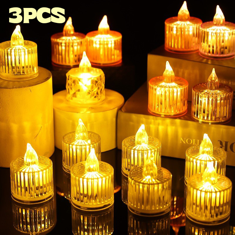 3 ชิ้นโปร่งใสเทียนอิเล็กทรอนิกส์-คริสตัล Flameless LED ไฟกลางคืนขนาดเล็ก- Creative Wishing ชาโคมไฟ-งานแต่งงาน Xmas Decor