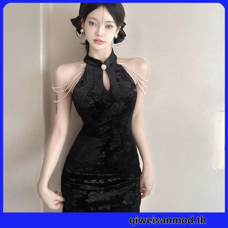 Kdkdp เซ็กซี่ สีไวน์แดง ยืนคอ ชุดเดรส ใหม่ จีน ปิดไหล่ ปรับปรุง Qipao เอวห่อสะโพก กระโปรงแยก กระโปรงสั้น - รูปที่ 2