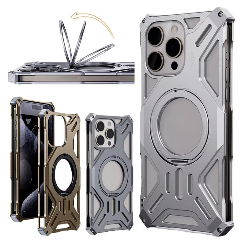 [JLK] ที่วางโลหะแม่เหล็กอลูมิเนียมอัลลอยด์เคสโทรศัพท์กลวงสําหรับiphone 13 14 15 16 Pro Maxฝาครอบโทรศัพท์แหวนขาตั้ง