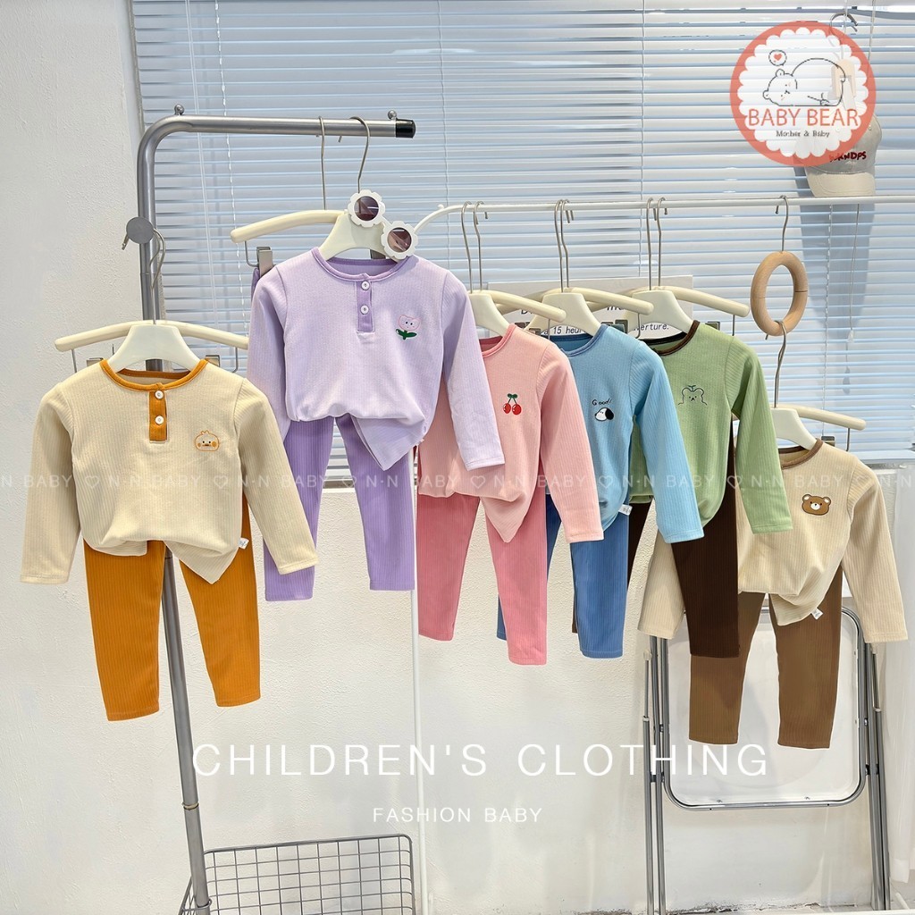 พร้อมส่ง ชุดนอนเด็ก ชุดนอนผ้าร่อง เสื้อแขนยาว+กางเกงขายาว ชุดเซท 2 ชิ้น ใส่อุ่นๆ